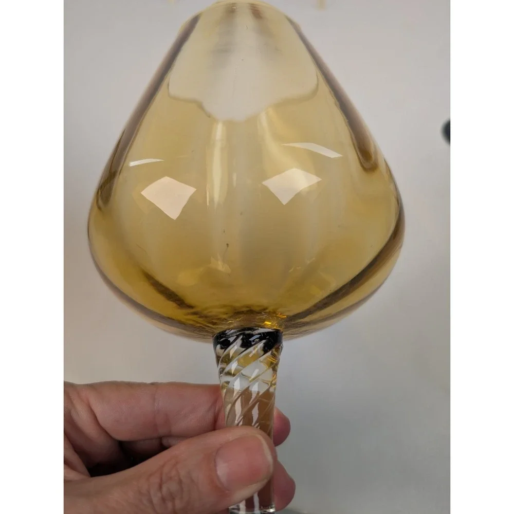 Empoli Glass Amber Spot Optic Glass Footed Large Brandy Snifter Twisted Stem Vng